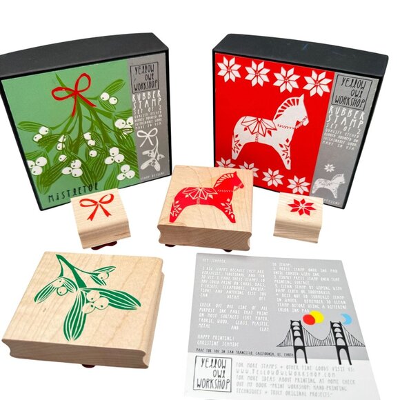 Yellow Owl Workshop Rubber Stamp Sets Folk Art Mistletoe Dala Horse Holiday USA - Picture 1 of 7